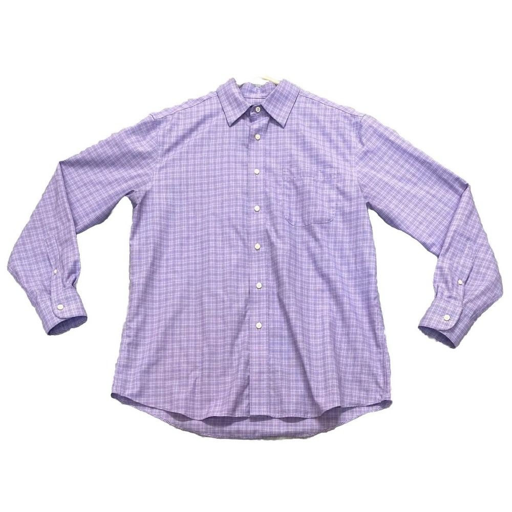 Jos. A. Bank Shirt Mens Purple Cotton Plaid Button Up Back Box Shirttail Hem Lg
